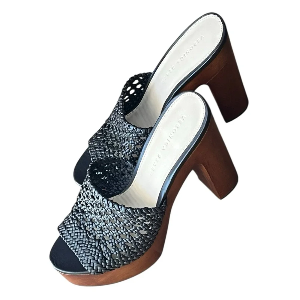 Veronica Beard Guadalupe Woven Platform Mule Heels Wood‎ Chunky Resort 8.5